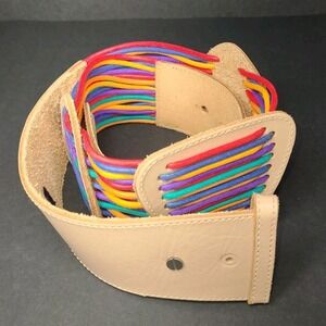 VTG Ginnie Johansen Rainbow Leather Woven Stretch Belt Boho Adjustable 32"+